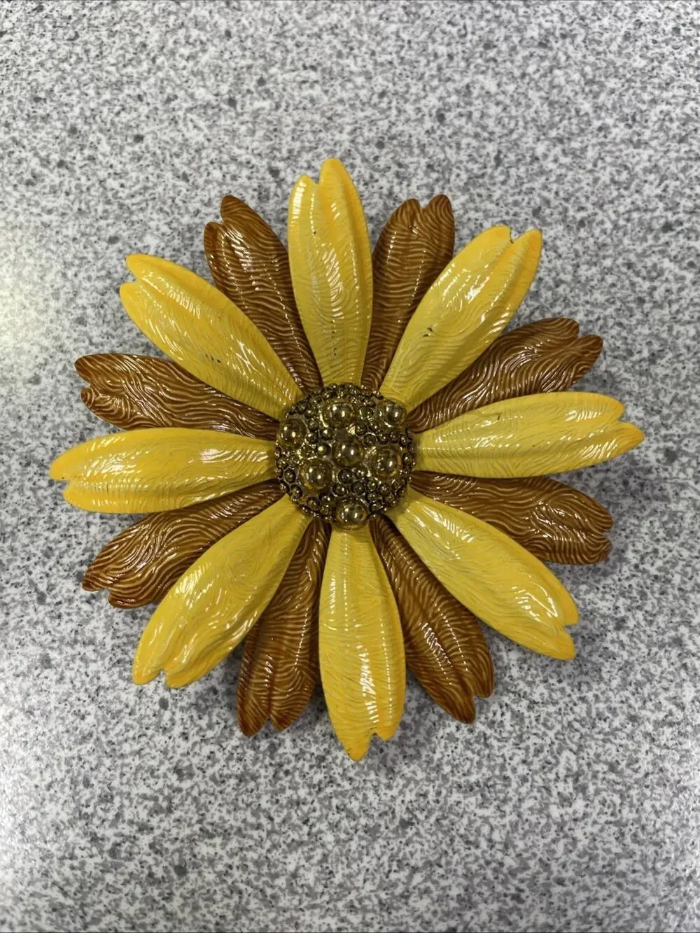 Vintage 60s Enameled Metal Yellow/brown Flower Brooch Clip